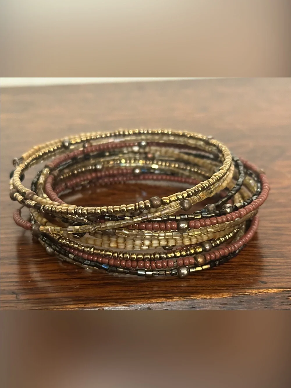 Multi-Strand Brown and Gold Beaded Coil Bracelet - Women's Jewelry